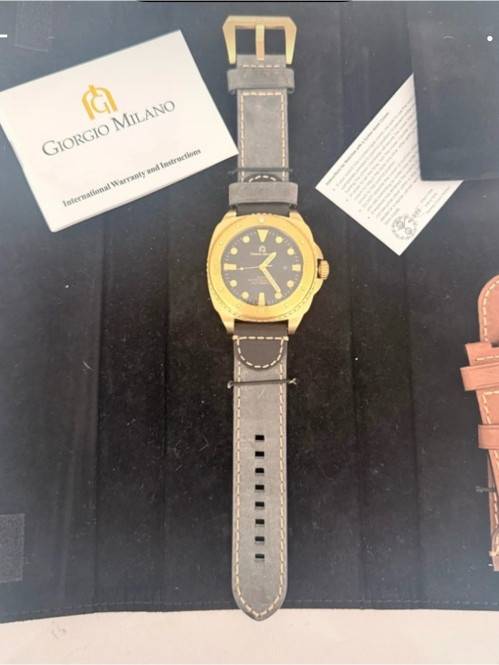 Men's Gold Case Black Dial Watch with Gray Leather Strap